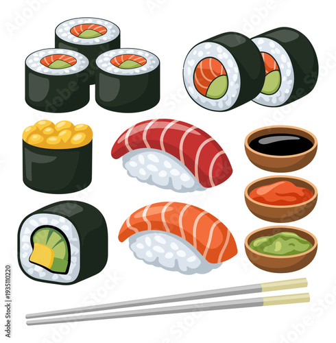 Sushi Japanese Cuisine Food Vector Illustration Set