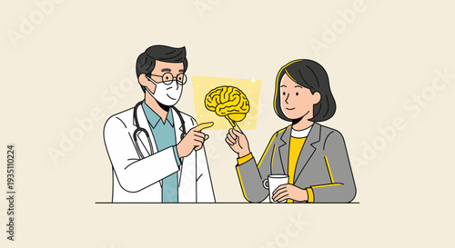 Doctor explains brain health to patient showing neural activity diagram