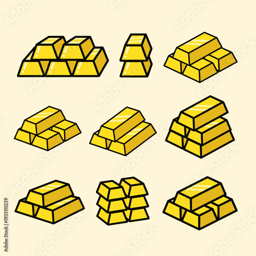 Collection of Different Gold Bar Arrangements and Individual Ingots