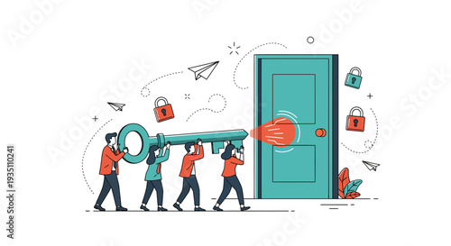 Collaborative business team effort successfully unlocking a new door towards innovation and achieving problem solving