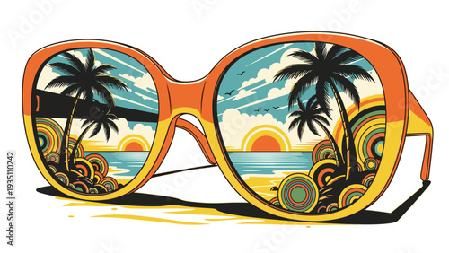 Retro Sunglasses Reflect Tropical Beach Sunset Vacation Scene - Vector Illustration