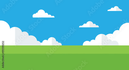 Vibrant Green Field Under a Clear Blue Sky with Fluffy Clouds