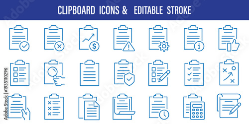 Checklist and Clipboard Line Icon Set with Task List, Approval, Settings and Form Symbols. 21 Clipboard Audit, Survey and Checklist Line Icons. Minimal Clipboard Exam and Document Verification Icons