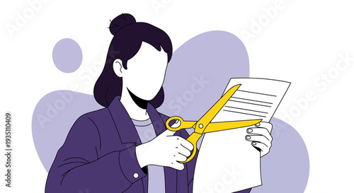 Person Cutting Paper Document With Yellow Scissors Minimalist Flat Vector Art