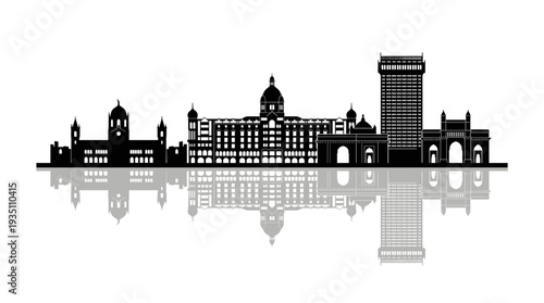 Elegant Black Silhouette of Mumbai City Skyline Vector Design Highlighting Detailed Architectural Landmarks and Beautiful Reflection on the Lake Water for Indian Tourism Concept.