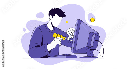 Professional Technician Expertly Diagnosing Computer System Issues Desktop Repair And Maintenance Flat Design Graphic Vector
