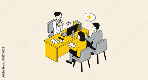 Doctor consulting with a couple about health in an isometric office