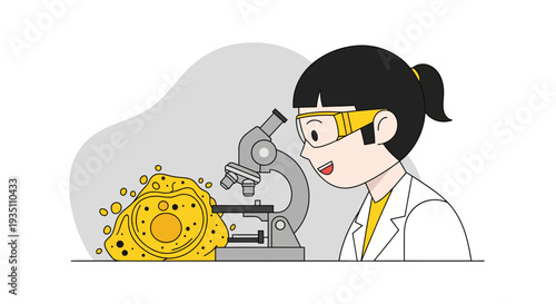 Young female scientist examines a cell under microscope in a lab