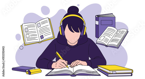 Student studying with headphones surrounded by books