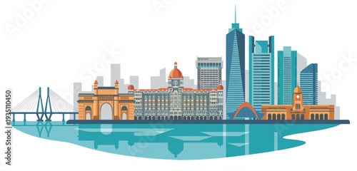 Vibrant Mumbai City Skyline Vector Illustration Featuring Famous Historic Landmarks and Modern Skyscrapers Reflecting on a Tranquil Lake Water Surface for Travel Concept Design.