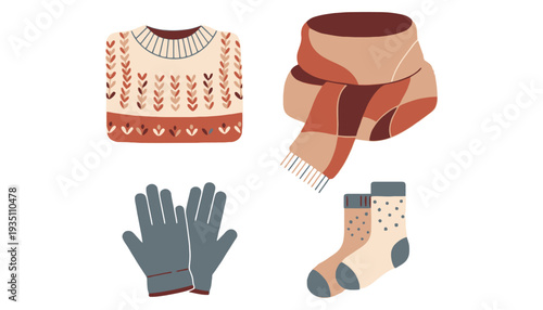 Sweater vector illustration with scarf, gloves, and socks for winter clothing