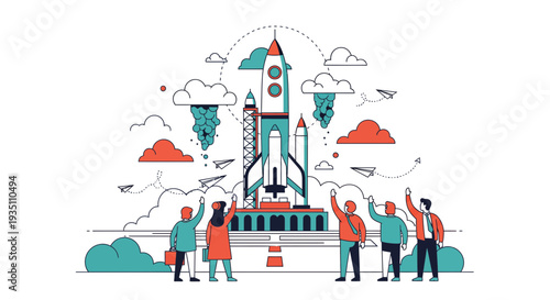 Team launching rocket innovative startup project business development growth success venture aspiration future technology collaboration progress