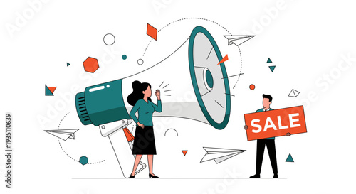 This vivid marketing communication illustration features a woman engaging with a large megaphone promoting sales and advertising efforts