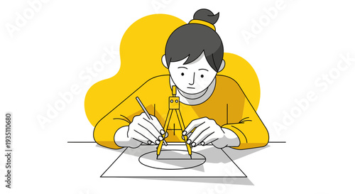 Diligent student drawing geometry with a compass and pencil on white paper