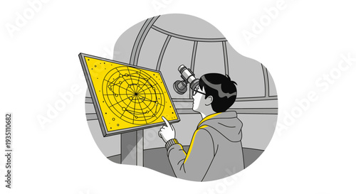 Student learns astronomy using a star chart in an observatory for celestial study
