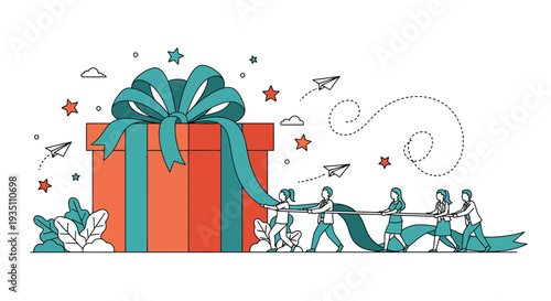 Business team pulling ribbon from huge gift box for achievement award success