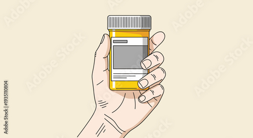 Human hand holding medical prescription pill bottle with blank label medication concept