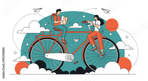 Couple on bicycle journey discovering adventure with map and travel elements