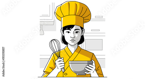 Skilled Female Chef Preparing Food with Whisk and Bowl in Kitchen