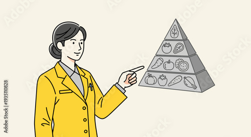 Dietitian Explains Healthy Eating with Food Pyramid Diagram for Balanced Nutrition