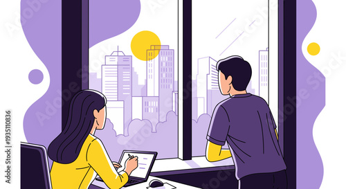 Modern office scene with two professionals working contemplating city view