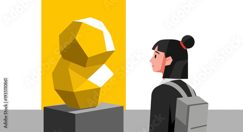 Student admiring contemporary golden abstract art sculpture at museum gallery show