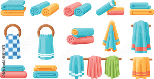 Colorful Bathroom Towel Set Vector Illustration with Folded and Hanging Towels on Rack for Home, Hotel, Spa, and Laundry Designs