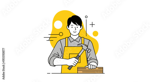 Young man working as carpenter holding hammer building wooden planks