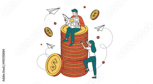 Financial prosperity growth journey concept showing a man reading atop a large coin stack and a woman diligently climbing for wealth