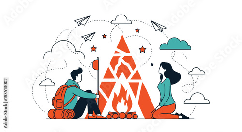 Camping adventure illustration with couple by campfire and paper airplanes