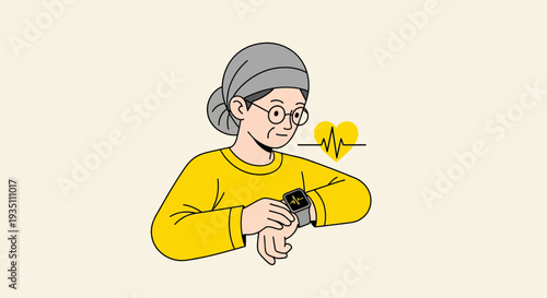 Elderly Woman Monitoring Health via Smartwatch Heart Rate Tracking Device