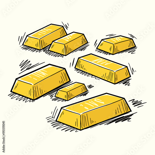 Sketch Drawing of Multiple Gold Bars with Motion and Energy Lines