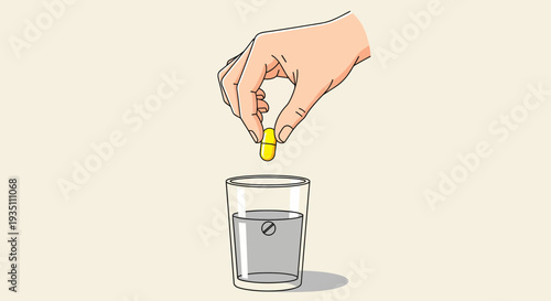 Hand dropping a yellow capsule into a glass of water with dissolving tablet