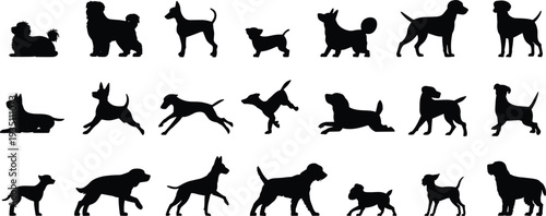 Vector illustration of twenty black dog silhouettes in different breeds and postures including sitting, standing, running, and lying down positions