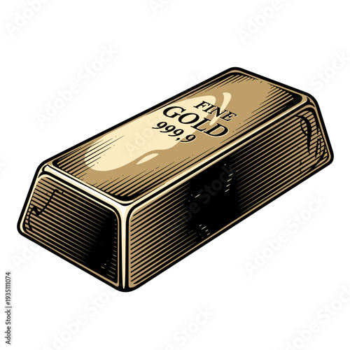 Fine Detail Engraving Style Illustration of a Solid Gold Ingot