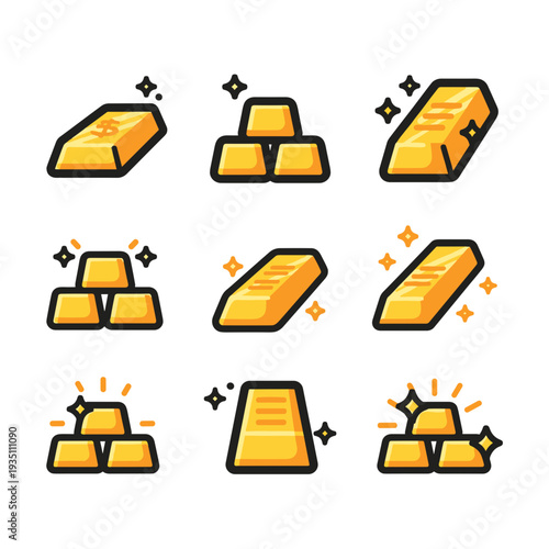 Large Collection of Simple Gold Bar and Coin Icons in Yellow