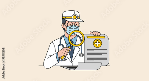 Doctor diligently examines medical records with magnifying glass for analysis