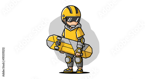 Little boy skateboarder character wearing helmet and pads holding board