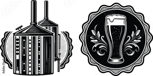 Vintage Brewery and Beer Logo Set Featuring Traditional Brewing Vats and a Foamy Glass of Beer in Engraved Woodcut Style Vector.