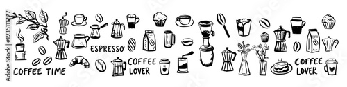 Coffee Time Stroke Icon Collection. Containing Coffee Cup, Beans, Maker, Mug and more icons. Editable Outline Icon Set.