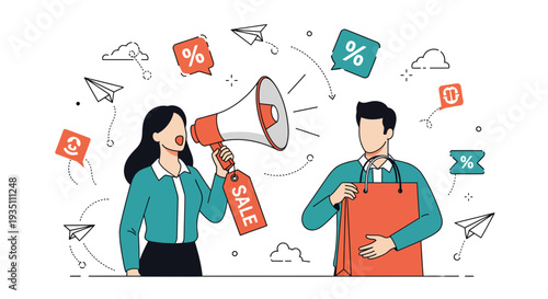 Marketing sales promotion announcing great discounts and shopping offers to customers