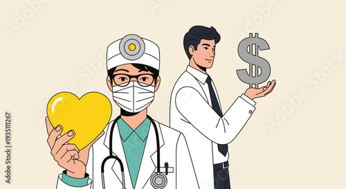 Doctor with heart vs businessman with dollar healthcare costs value