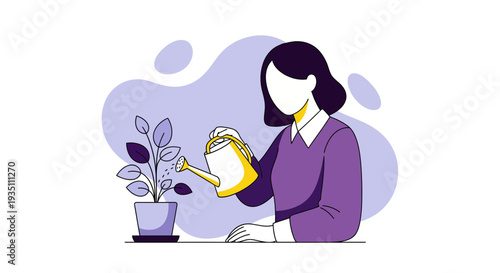 Woman Gently Watering Potted Plant Illustrating Growth Care