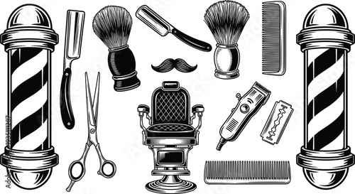 Vintage Barber Shop Tools and Chair Set Black and White Engraving Vector Illustration