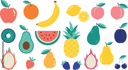 Colorful Tropical and Fresh Fruit Collection Vector Illustration with Apple, Banana, Pineapple, Watermelon, Citrus, and Berry Icons for Healthy Food Designs