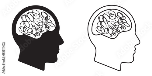 Human Brain and Head Profile Icon Set Vector – AI, Artificial Intelligence and Psychology Symbol in Outline 
and Filled Styles
