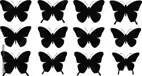 PrintButterfly silhouettes collection, black insect icons, symmetrical wing shapes, decorative nature pattern, isolated vector design, entomology art, graphic illustration
