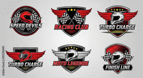 Motorcycle racing club logos with helmets and checkered flags, red wings.