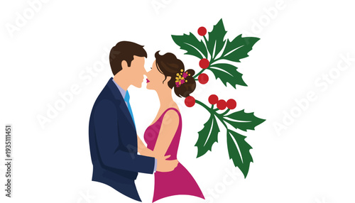 Couple kissing under mistletoe in festive holiday illustration