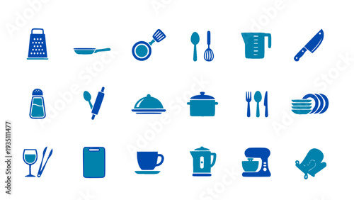 Modern blue drink and beverage icons including coffee, tea, juice, and bar equipment. Ideal for café and bar branding.